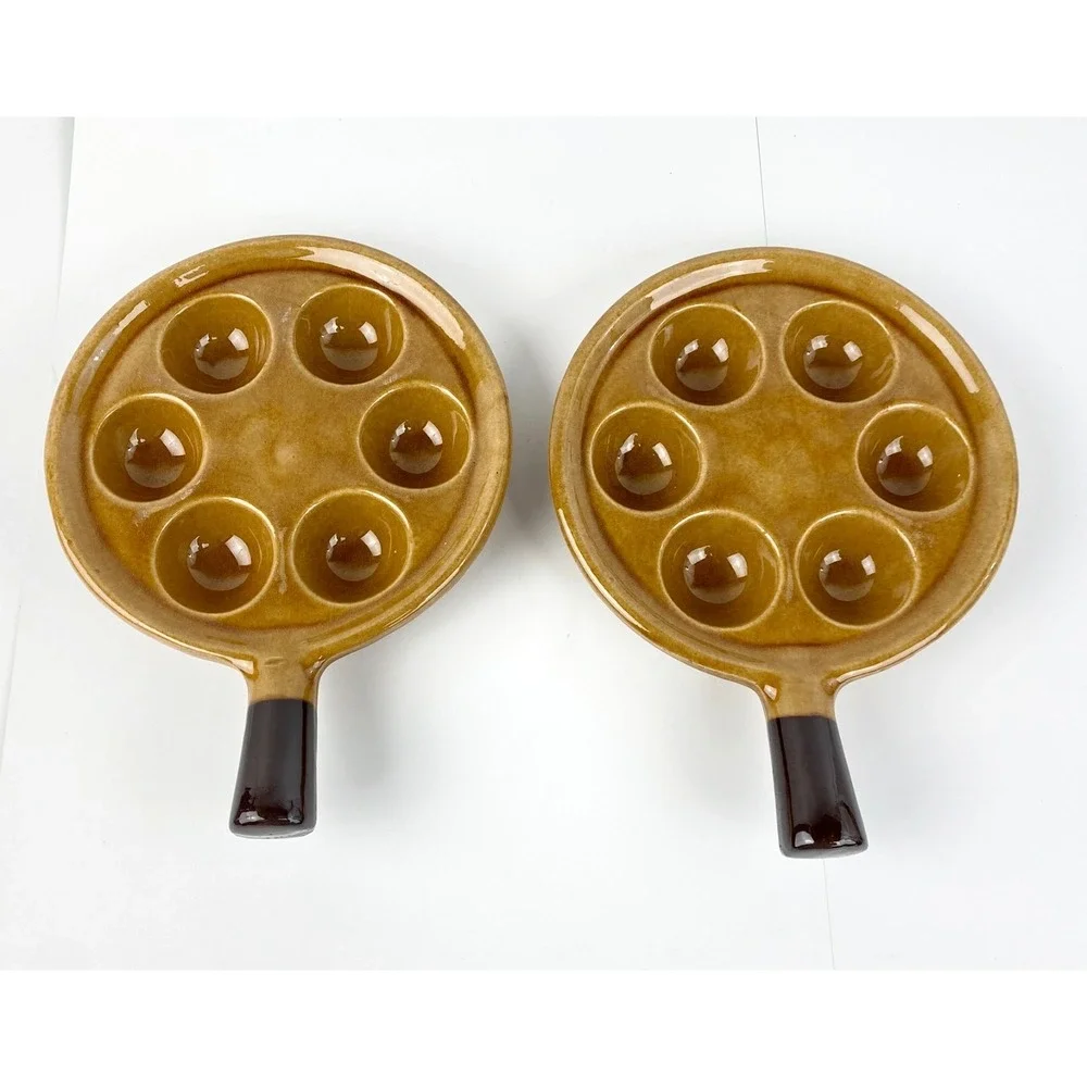 Escargot 2 Baking Dishes w Handles Vintage Brown USA Made Snail Mushroom Perfect